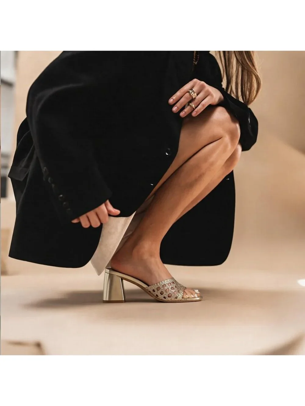 Women's Gold Summer Slip On Square Open Toe Mules Chunky Stylish Heeled Sandals